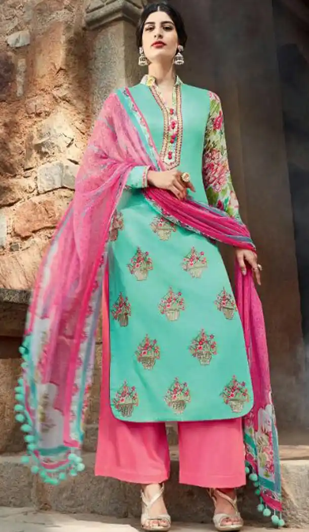 Turquoise Color Cotton Ladies Casual Wear Suits | FH425867850
