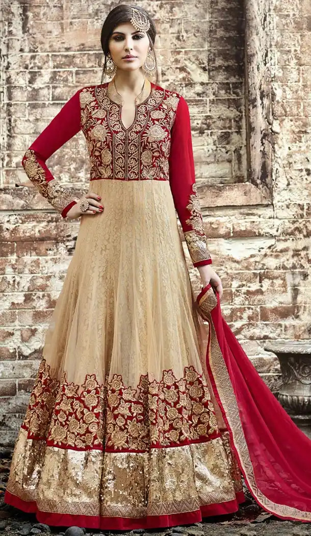 Deep Scarlet Fabric Georgette Pakistani Designer Long Salwar Kameez | FH426367996
