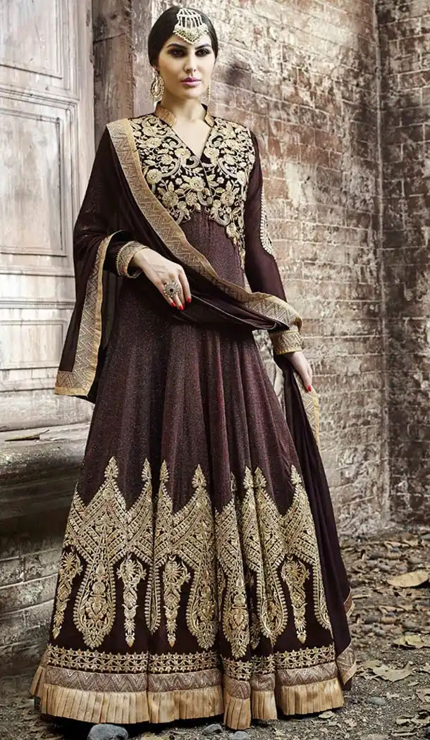 Chocolate Fabric Georgette Pakistani Designer Long Salwar Kameez | FH426367997