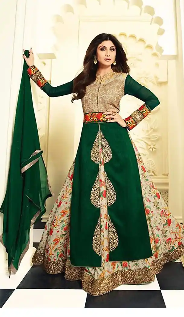Bottle Green Color Bollywood Actress Shilpa Shetty Long Anarkali Salwar kameez | FH426468002