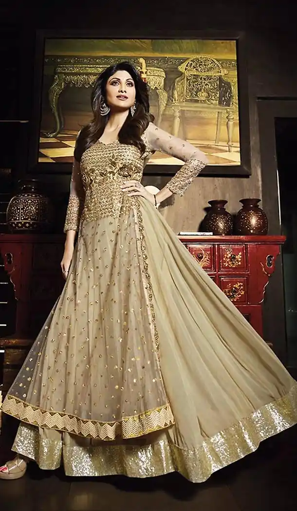 Tan Brown Color Georgette Pakistani Style Long Anarkali Salwar kameez | FH426567869