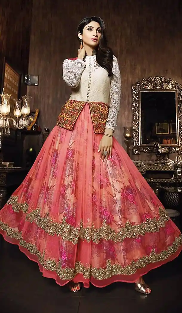 Salmon Color Georgette Pakistani Style Long Anarkali Salwar kameez | FH426567870