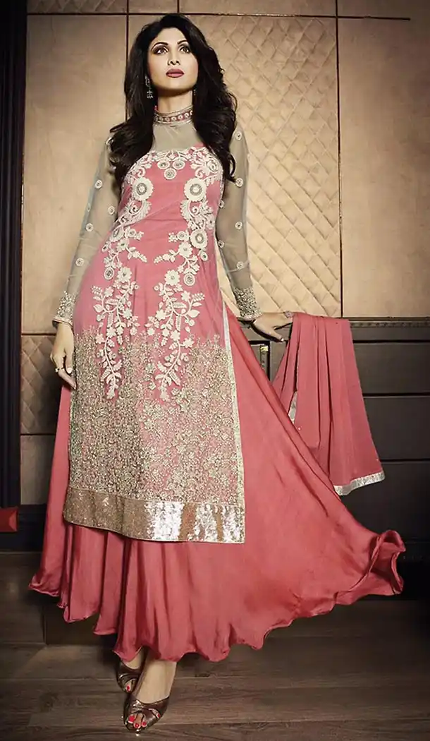 Salmon Color Net Pakistani Style Long Anarkali Salwar kameez | FH426567871