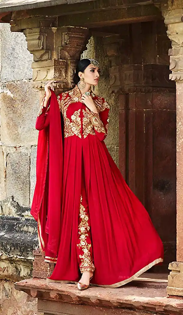 Deep Scarlet Color Georgette Pakistani Style Long Anarkali Salwar kameez | FH426567873