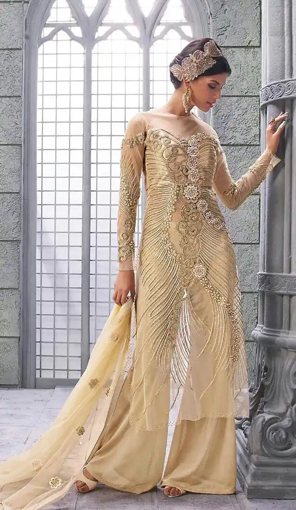 Beige Color Net Designer Plazzo Pant and Kameez Online | FH426767893