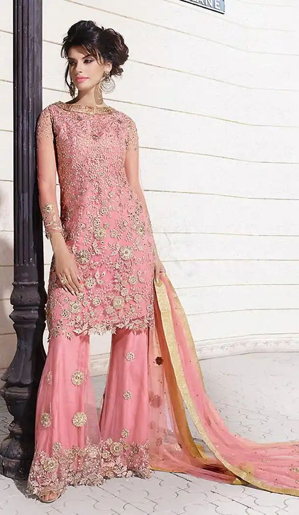 Salmon Color Georgette Designer Plazzo Pant and Kameez Online | FH426767894