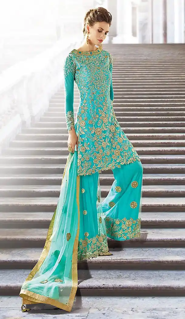 Turquoise Color Georgette Designer Plazzo Pant and Kameez Online | FH426767896