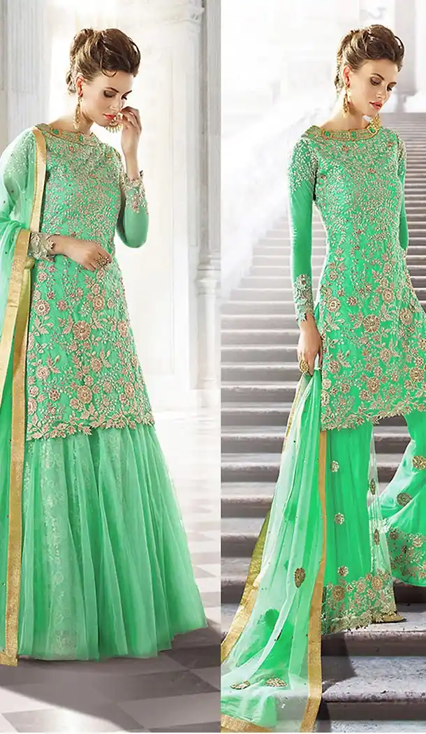 Lime Green Color Georgette Designer Plazzo Pant and Kameez Online | FH426767898
