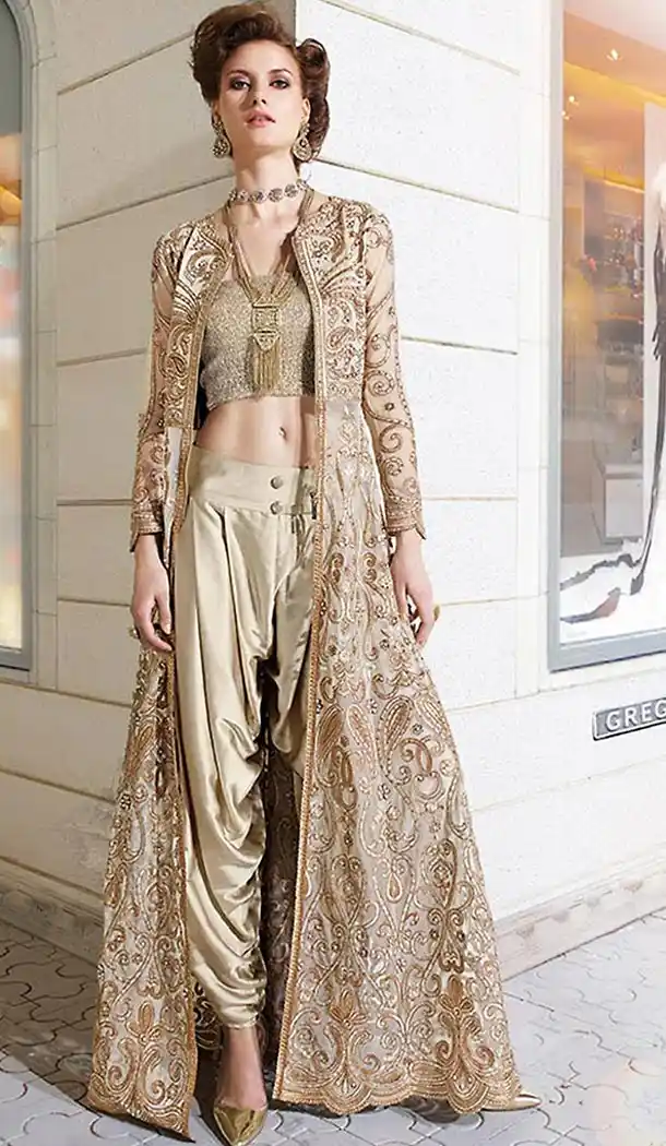 Tan Brown Color Net Designer Dhoti Pant and Kameez Online | FH426767899
