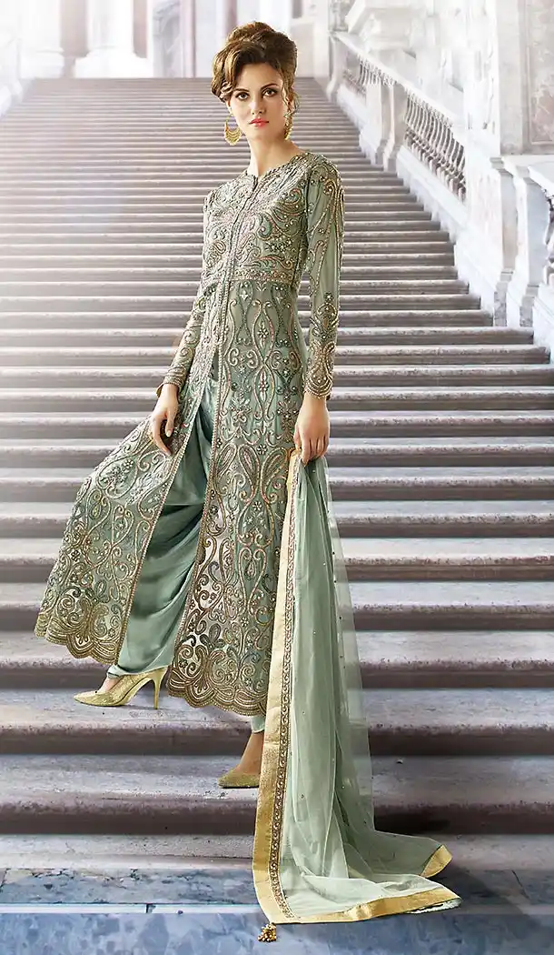 Aloe Vera Green Color Net Designer Dhoti Pant and Kameez Online | FH426767902