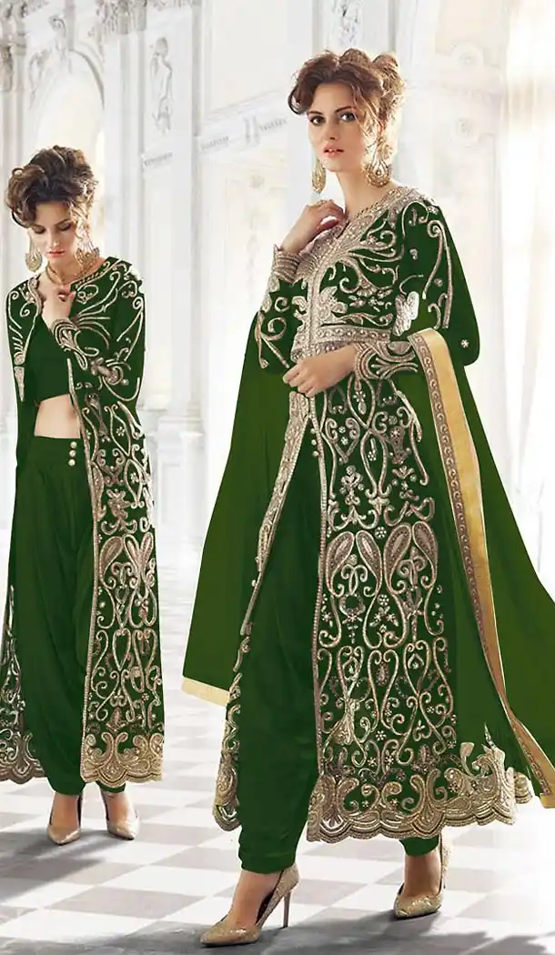 Chrome Green Color Net Designer Dhoti Pant and Kameez Online | FH426767903