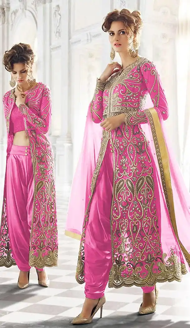 Rose Pink Color Net Designer Dhoti Pant and Kameez Online | FH426767905