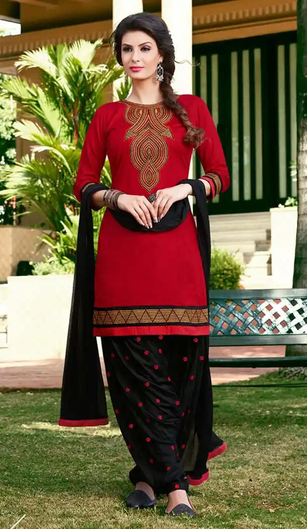 Red Color Cotton Collection of Punjabi Suits and Readymade Patiala Salwar Kameez | FH426968024