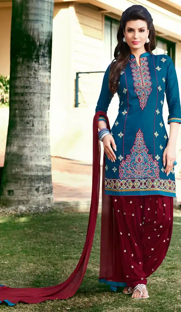 Cyan Blue Color Cotton Collection of Punjabi Suits and Readymade Patiala Salwar Kameez | FH426968025