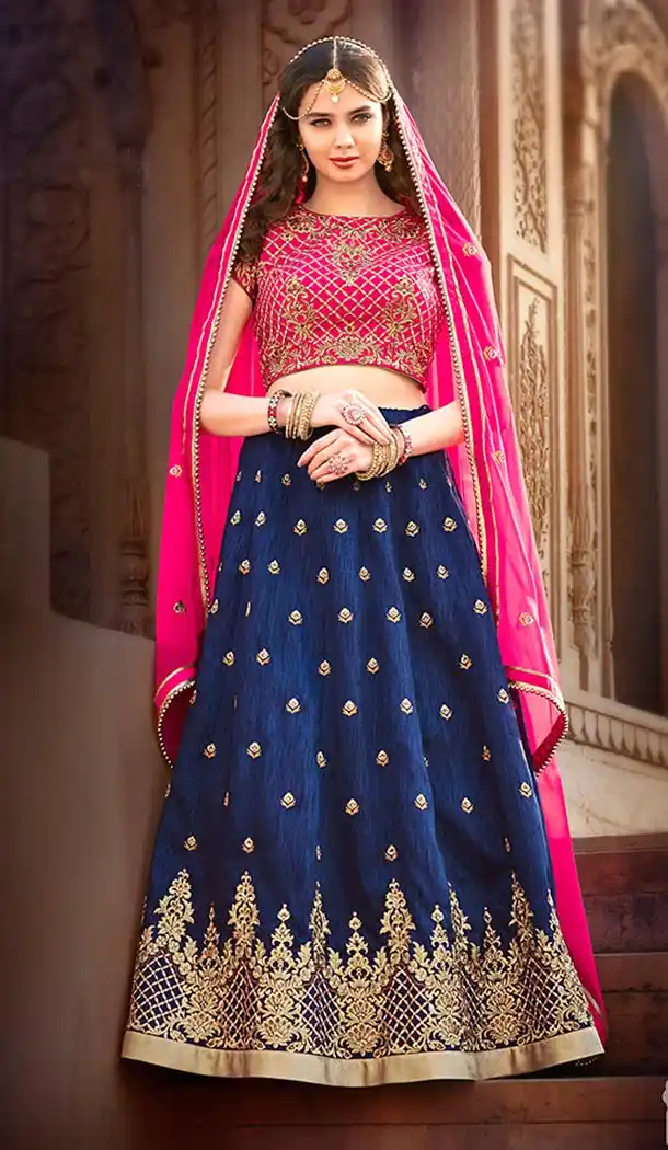 Navy Blue Fabric Silk Mehendi & Sangeet Lehenga Choli Online | FH427168054