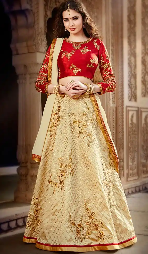 Dark Cream Fabric Silk Mehendi & Sangeet Lehenga Choli Online | FH427168055