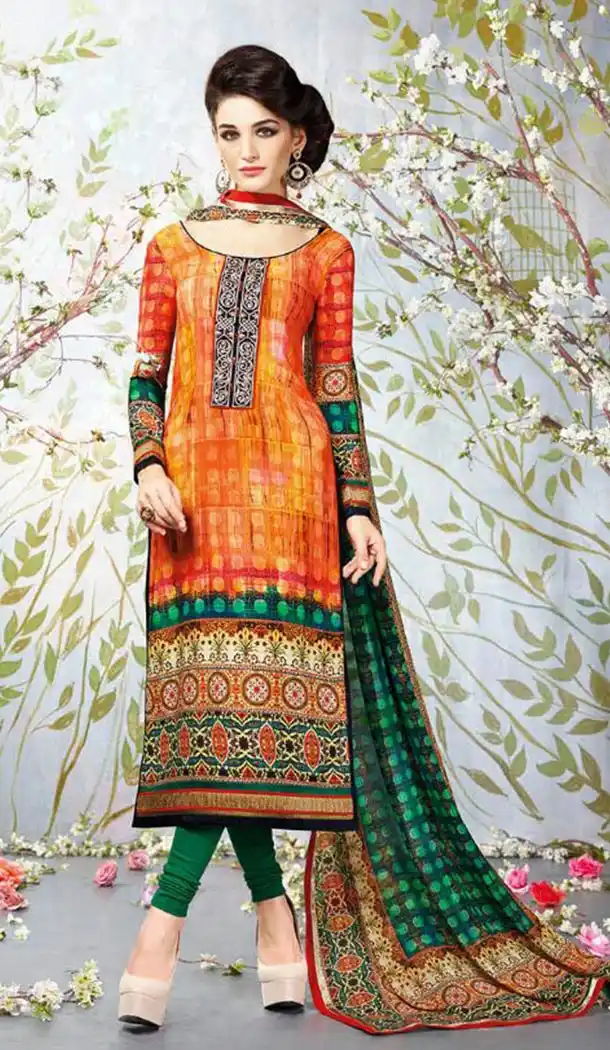 Orange Color Crepe Silk Digital Print Churidar Suits and Churidar Kameez | FH427268058