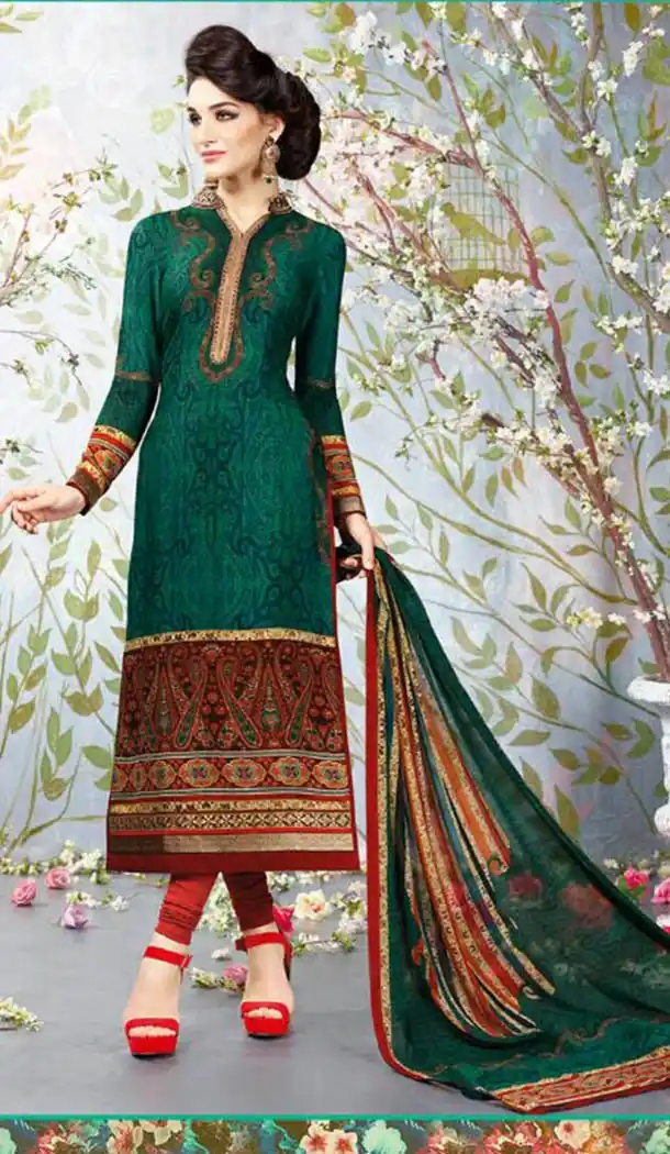 Bottle Green Color Crepe Silk Digital Print Churidar Suits and Churidar Kameez | FH427268060