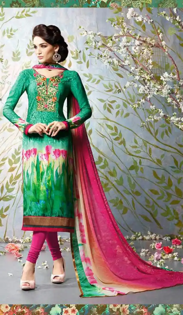 Emerald Color Crepe Silk Digital Print Churidar Suits and Churidar Kameez | FH427268064