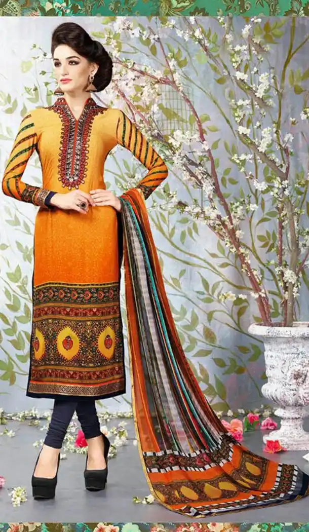 Orange Color Crepe Silk Digital Print Churidar Suits and Churidar Kameez | FH427268065