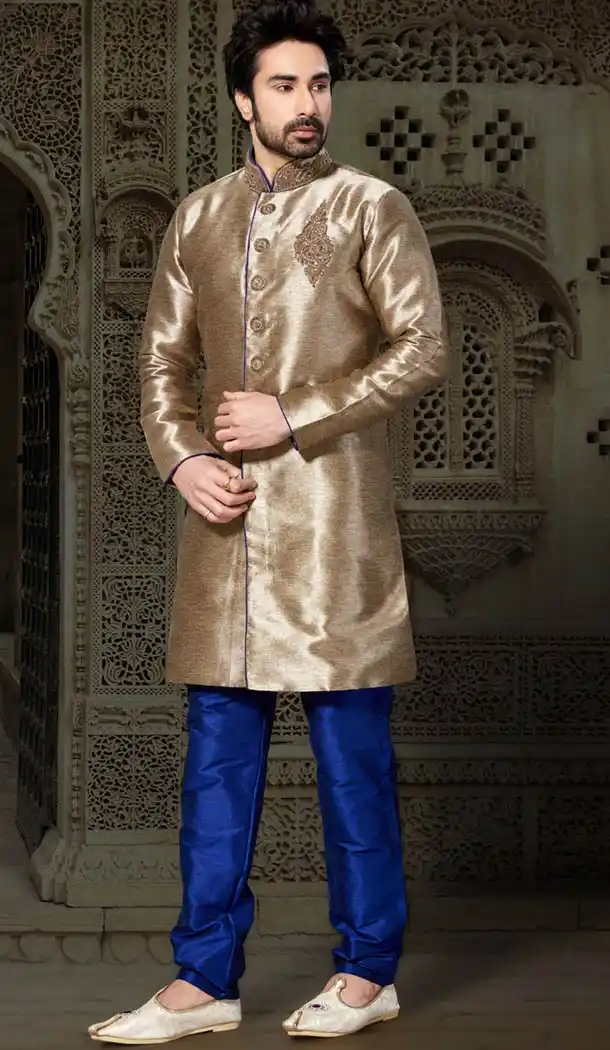 Tan Brown Color Ghicha Silk Indo Western Style Men's Readymade Sherwani | FH428168163