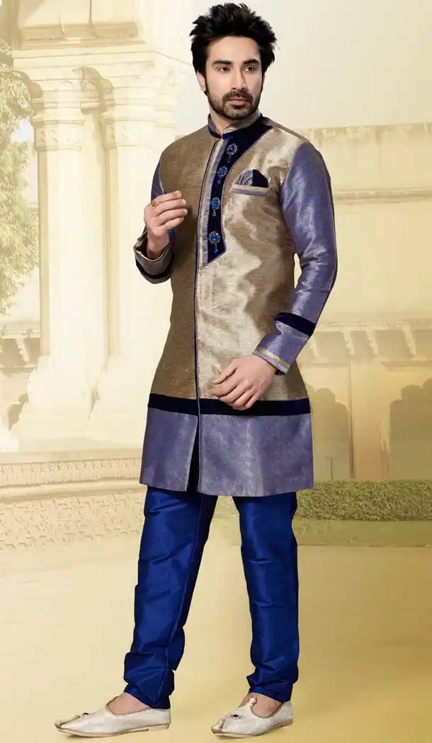 Tan Brown Color Jacquard Indo Western Style Men's Readymade Sherwani | FH428168164