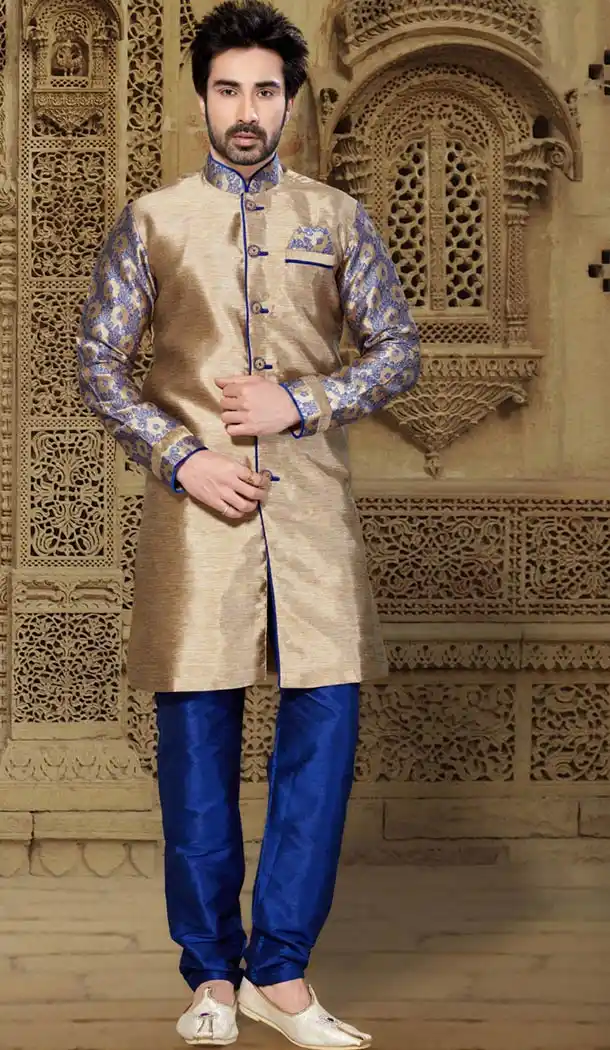 Tan Brown Color Jacquard and Ghicha Silk Indo Western Style Men's Readymade Sherwani | FH428168165