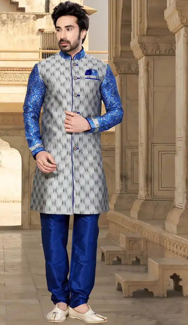 Dove Color Ghicha Silk Indo Western Style Men's Readymade Sherwani | FH428168166