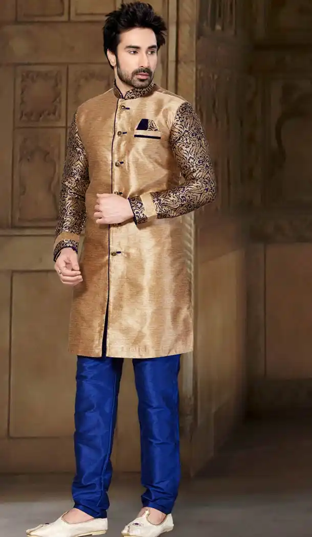 Tan Brown Color Ghicha Silk Indo Western Style Men's Readymade Sherwani | FH428168167