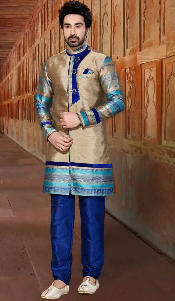 Tan Brown Color Ghicha Silk and Velvet Indo Western Style Men's Readymade Sherwani | FH428168168