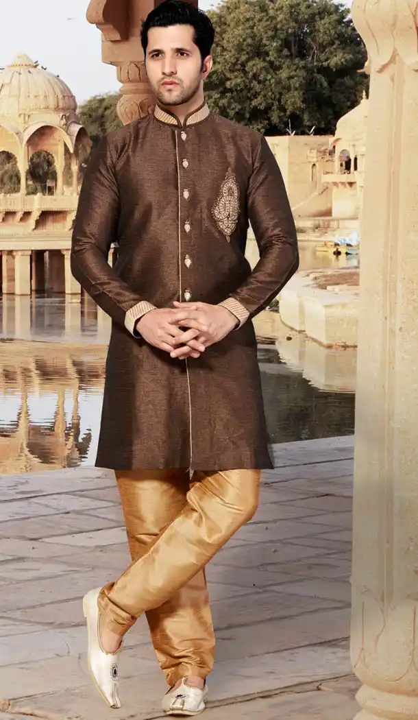 Chocolate Color Ghicha Silk Indo Western Style Men's Readymade Sherwani | FH428168169