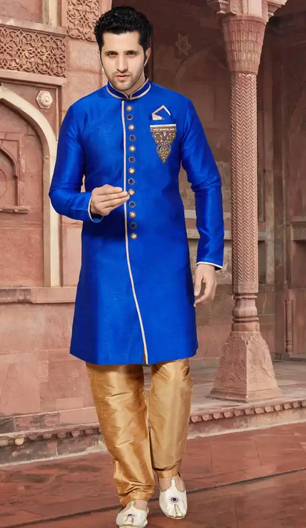 Royal Blue Color Ghicha Silk Indo Western Style Men's Readymade Sherwani | FH428168170