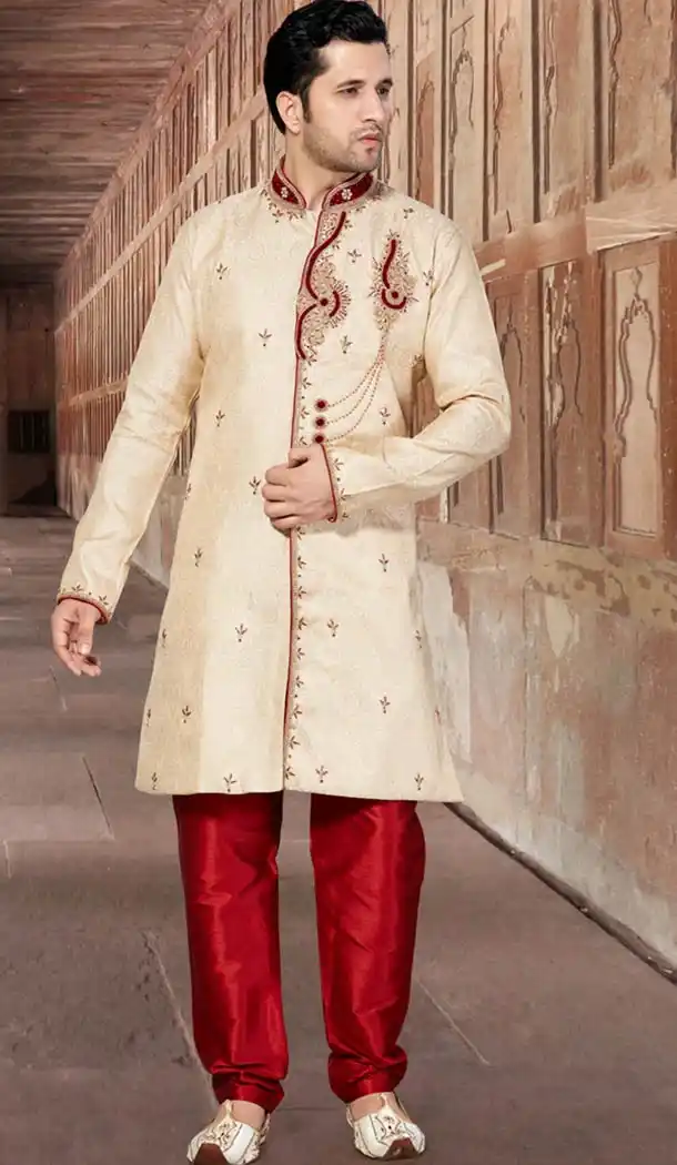 Beige Color Jacquard Indo Western Style Men's Readymade Sherwani | FH428168171