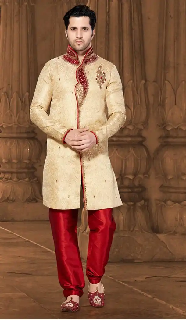 Cream Color Jacquard Indo Western Style Men's Readymade Sherwani | FH428168172