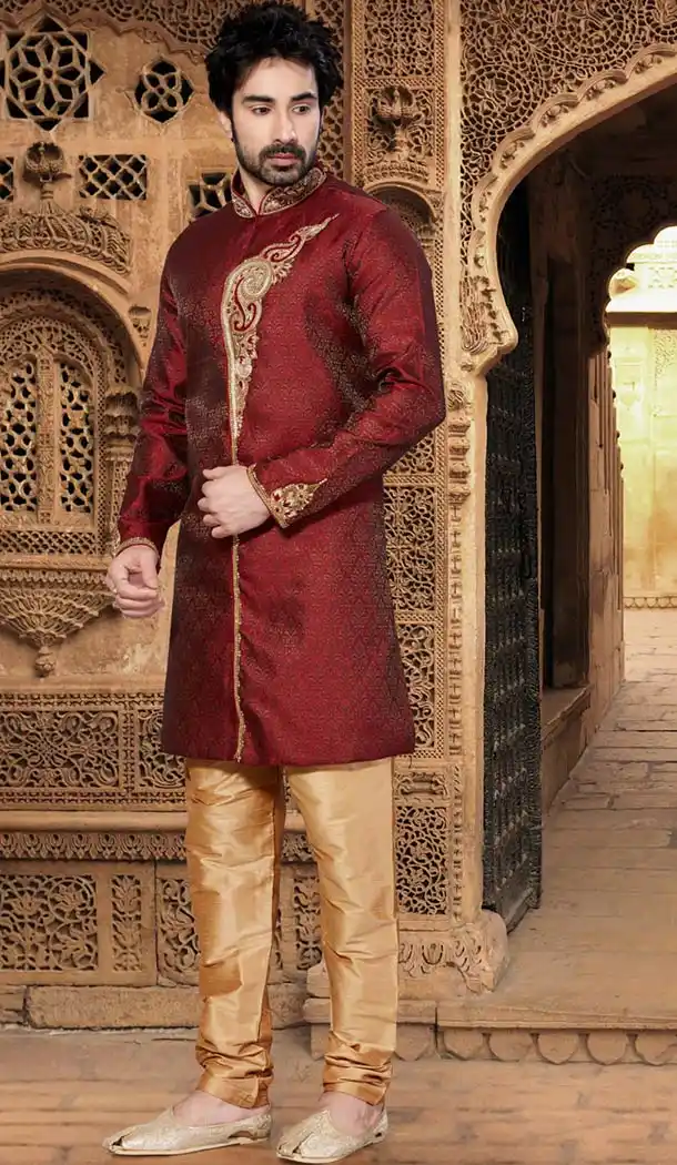 Maroon Color Jacquard Indo Western Style Men's Readymade Sherwani | FH428168173