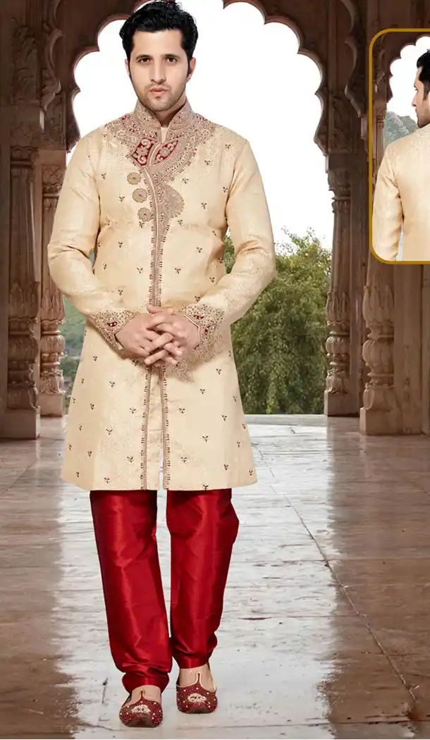 Cream Color Jacquard Indo Western Style Men's Readymade Sherwani | FH428168174