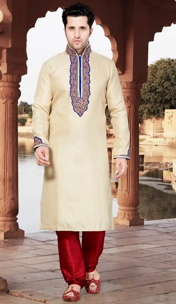 Cream Color Jacquard Indo Western Style Men's Readymade Chudidar Kurta | FH428568210