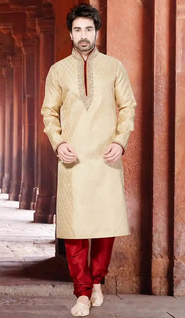 Beige Color Jacquard Indo Western Style Men's Readymade Chudidar Kurta | FH428568212