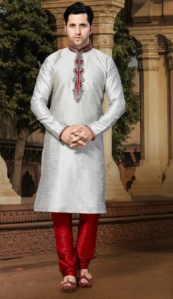 Dove Color Brocade Indo Western Style Men's Readymade Chudidar Kurta | FH428568213
