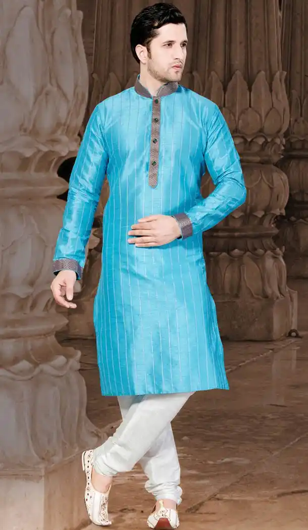 Sky Blue Color Dupioni Raw Silk Indo Western Style Men's Readymade Chudidar Kurta | FH428568214