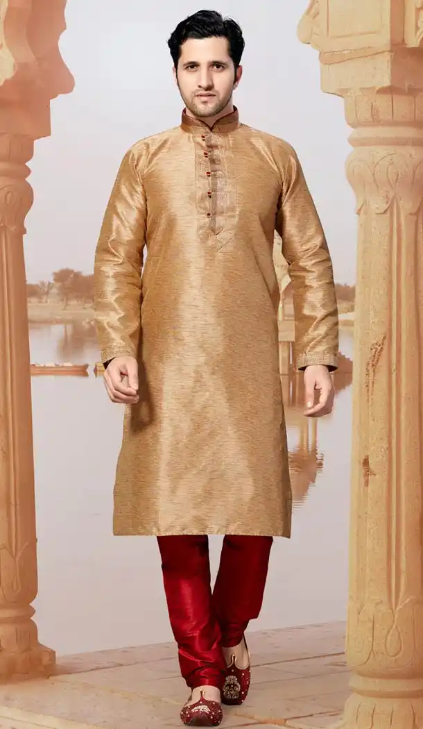 Tan Brown Color Ghicha Silk Indo Western Style Men's Readymade Chudidar Kurta | FH428568215