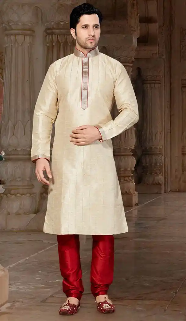 Cream Color Dupioni Raw Silk Indo Western Style Men's Readymade Chudidar Kurta | FH428568216