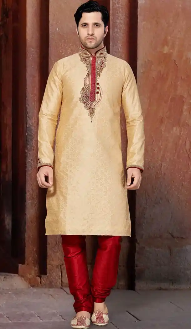 Dark Cream Color Jacquard Indo Western Style Men's Readymade Chudidar Kurta | FH428568217