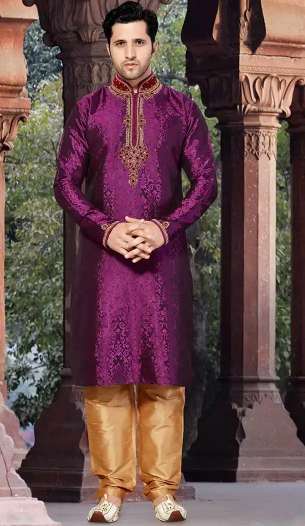 Purple Color Jacquard Indo Western Style Men's Readymade Chudidar Kurta | FH428568218