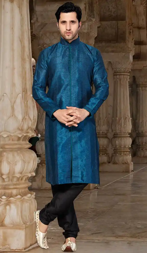Steel Blue Color Ghicha Silk Indo Western Style Men's Readymade Chudidar Kurta | FH428568219