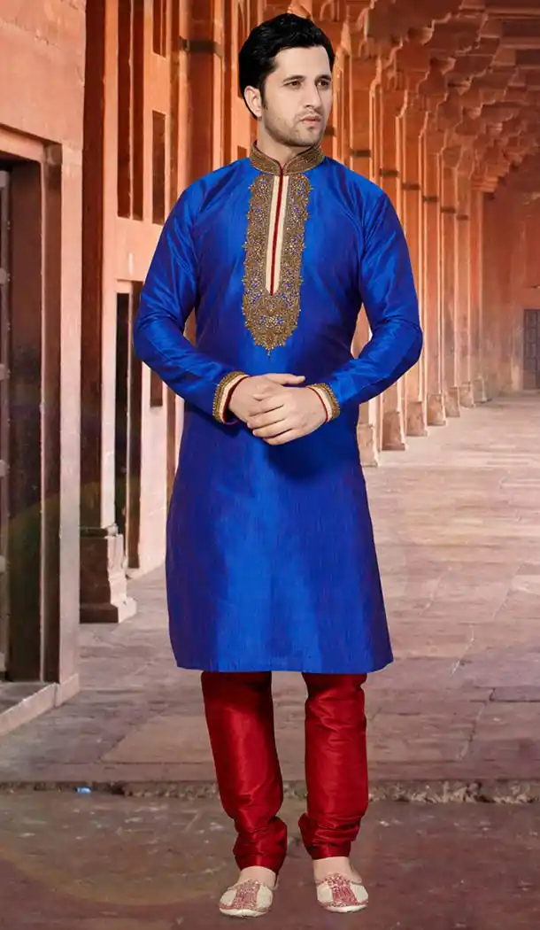 Deep Blue Color Ghicha Silk Indo Western Style Men's Readymade Chudidar Kurta | FH428568220