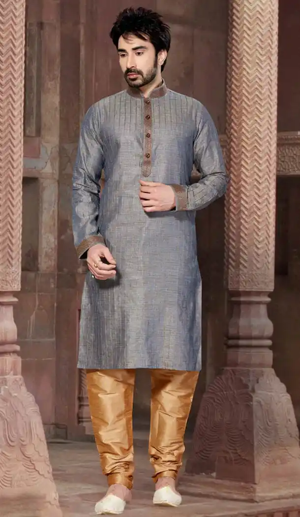 Dove Color Bhagalpuri Silk Indo Western Style Men's Readymade Chudidar Kurta | FH428568221