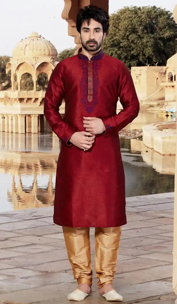 Maroon Color Dupioni Raw Silk Indo Western Style Men's Readymade Chudidar Kurta | FH428668222