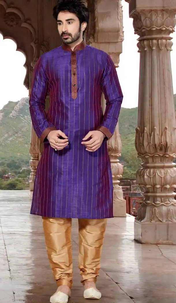 Purple Color Dupioni Raw Silk Indo Western Style Men's Readymade Chudidar Kurta | FH428668223