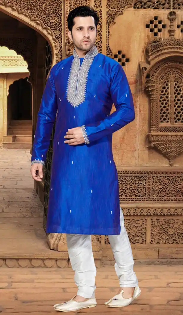 Royal Blue Color Dupioni Raw Silk Indo Western Style Men's Readymade Chudidar Kurta | FH428668224